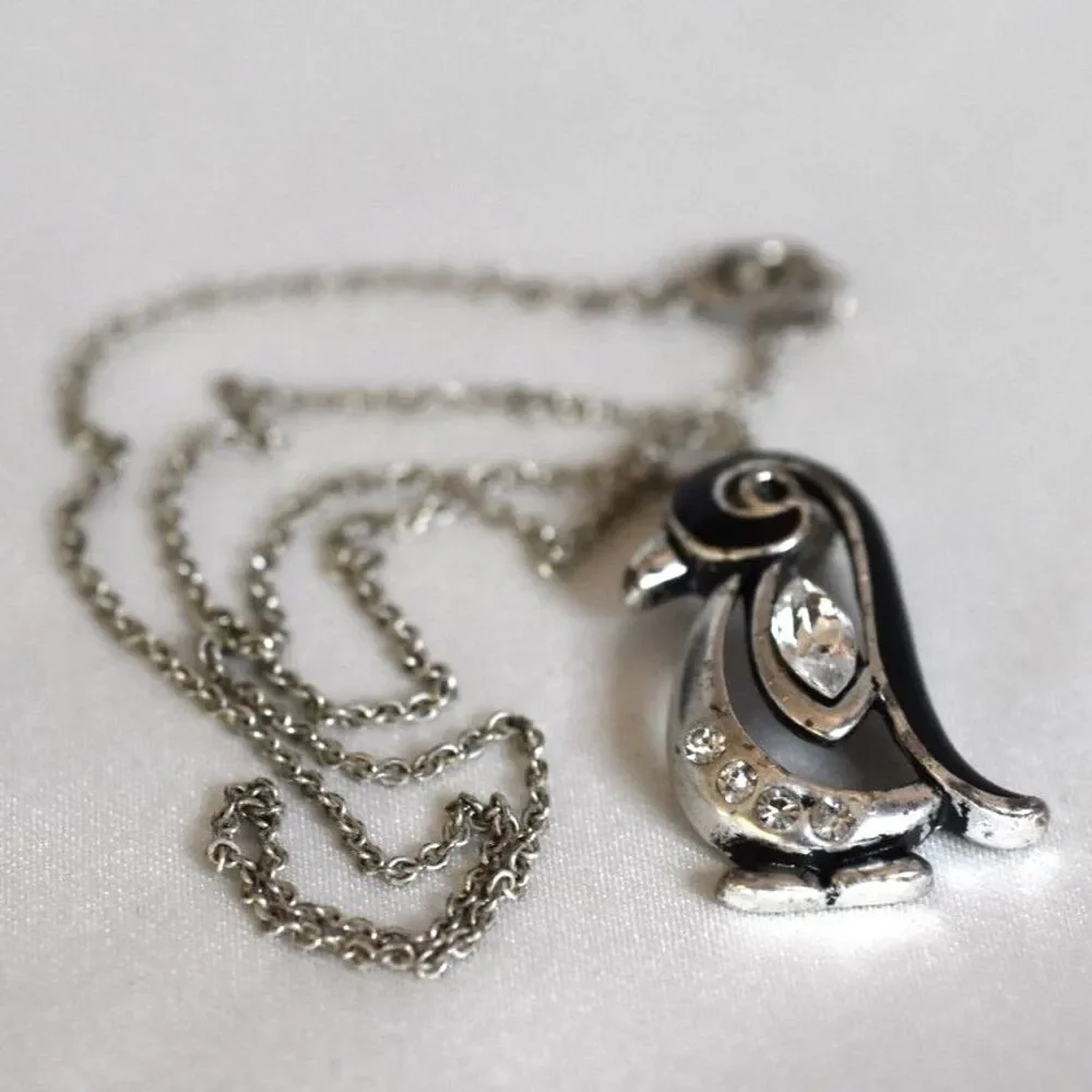 Vintage Penguin Rhinestone Accent Black Enamel 16
